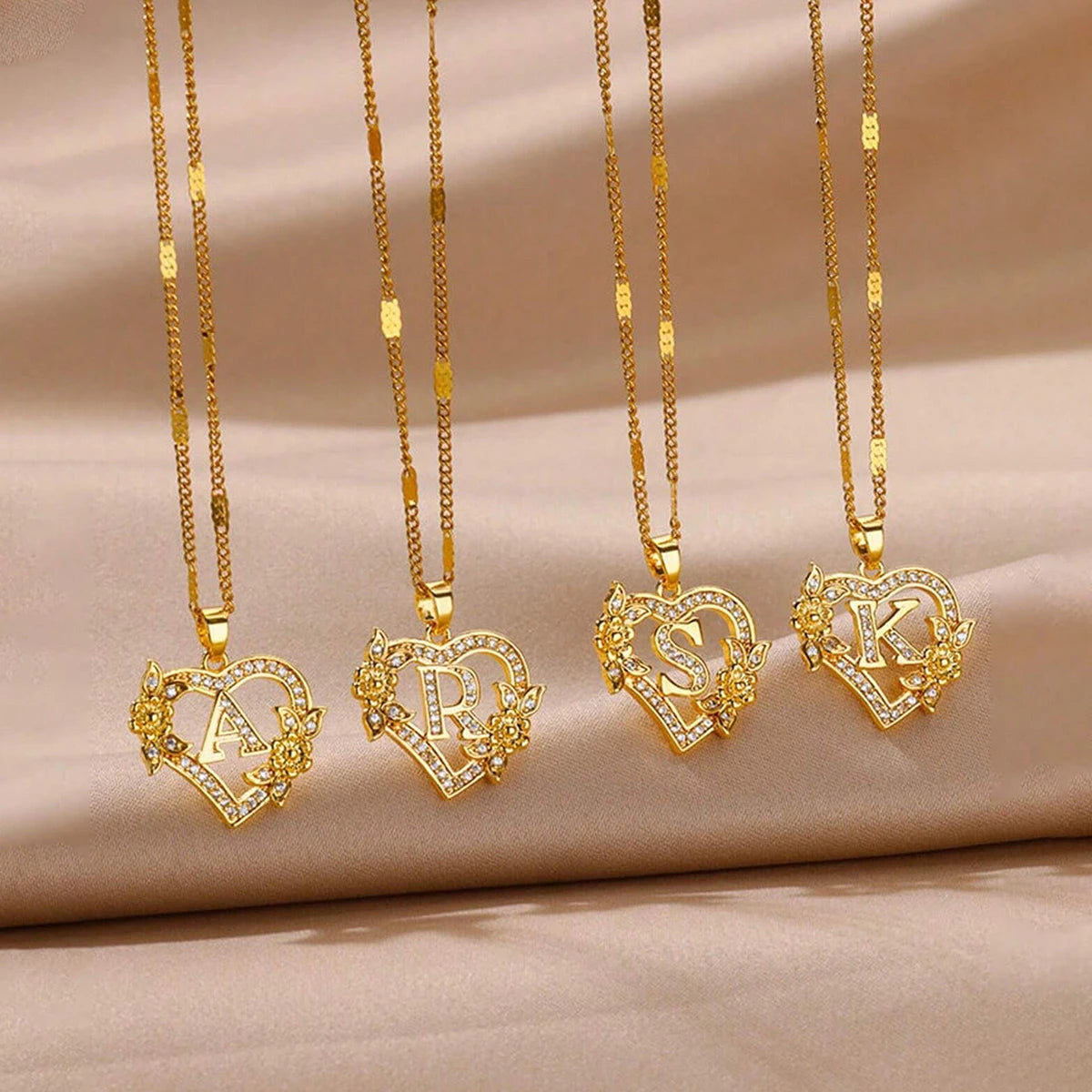 Gold heart initial letter necklace for women with stainless steel chain featuring A-Z alphabet pendant, birthday jewelry gift