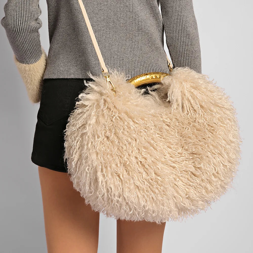Spice Girl solid color plush women's shoulder bag with a furry exterior, casual versatile handbag with an elegant handle.
