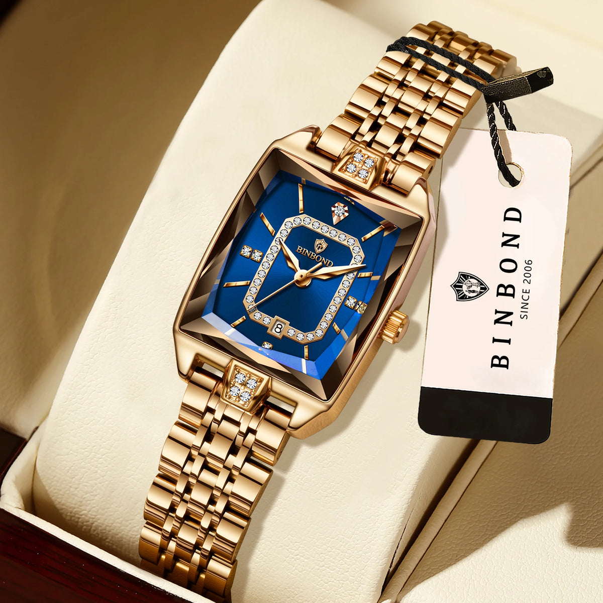 BINBOND Zircon Luxury Reloj Original Waterproof Sturdy Auto Date Women's Watches Ladies Wristwatch Quartz Watch For Women