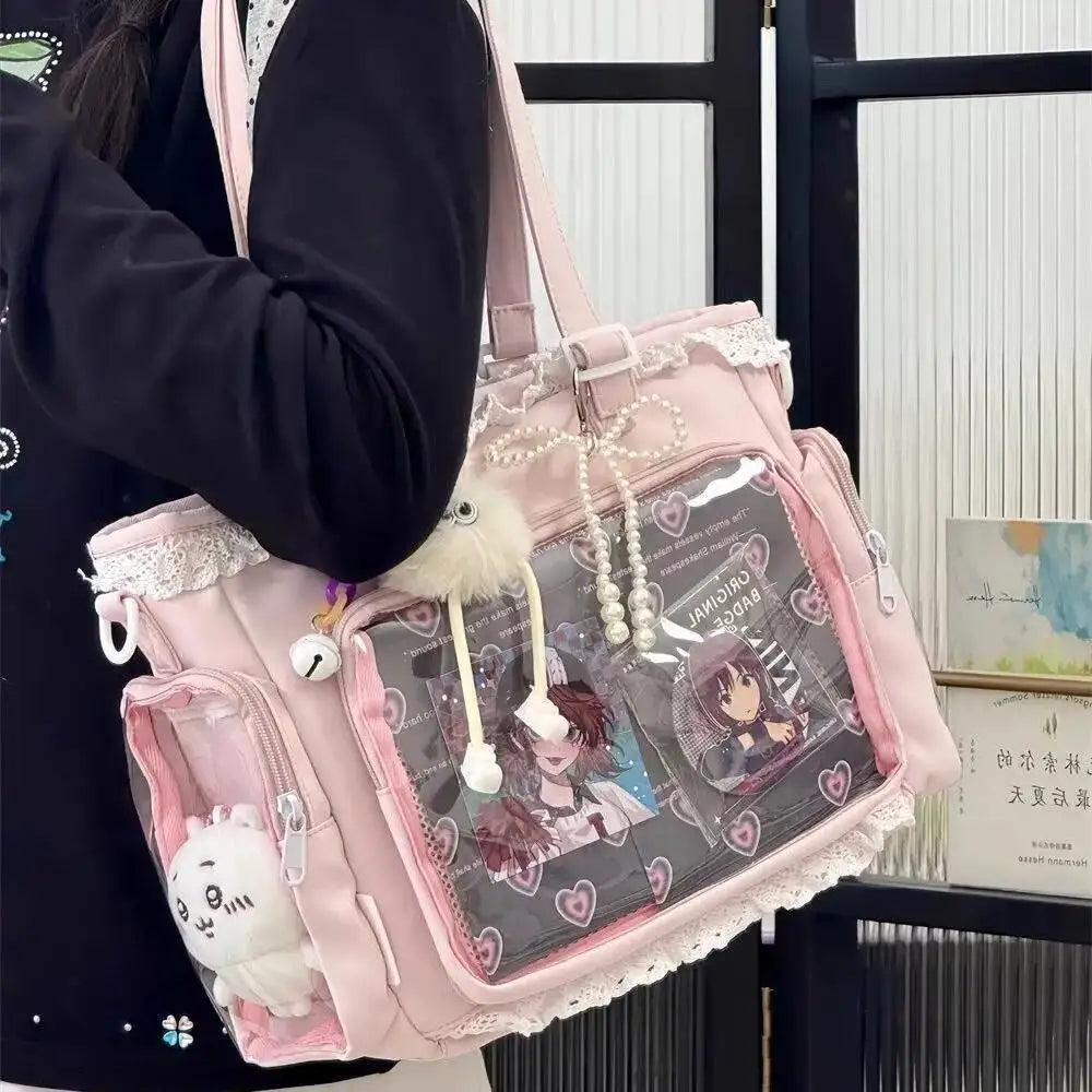 Transparent Y2K Japanese Ita Bag by HSF Marketplace featuring a large capacity, casual crossbody tote with cute lolita design.