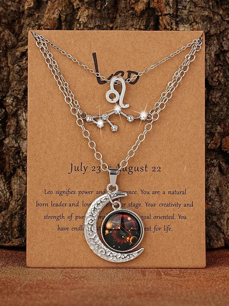 Set of three Zodiac retro moon glow pendant necklaces with birthstone cards, perfect birthday jewelry for best friends.