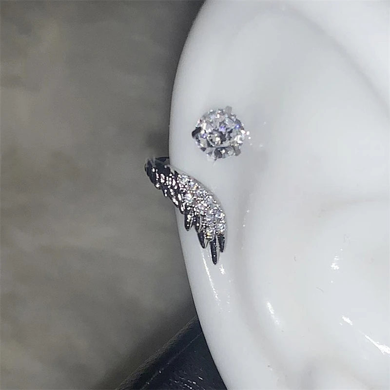 Silver 316L stainless steel wing ear bone nail with rhinestones for women by HSF Marketplace