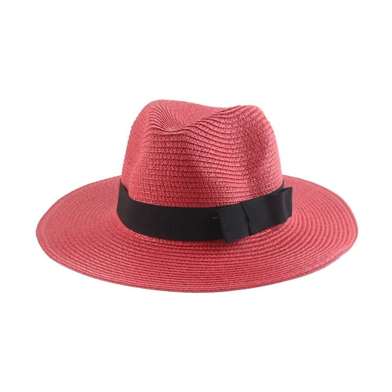 HSF Marketplace black ribbon Panama straw hat for women, lightweight spring and summer sun protection cap