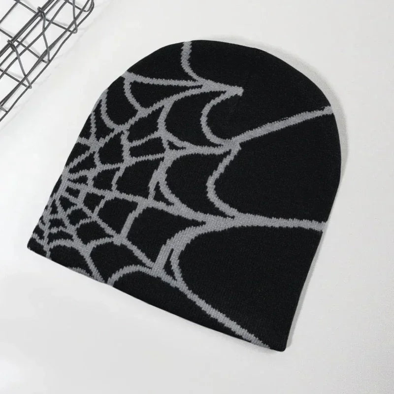 Women's knitting spider web skullies beanie hat, black goth pullover pile cap with Y2K street style design