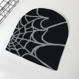 Women's knitting spider web skullies beanie hat, black goth pullover pile cap with Y2K street style design