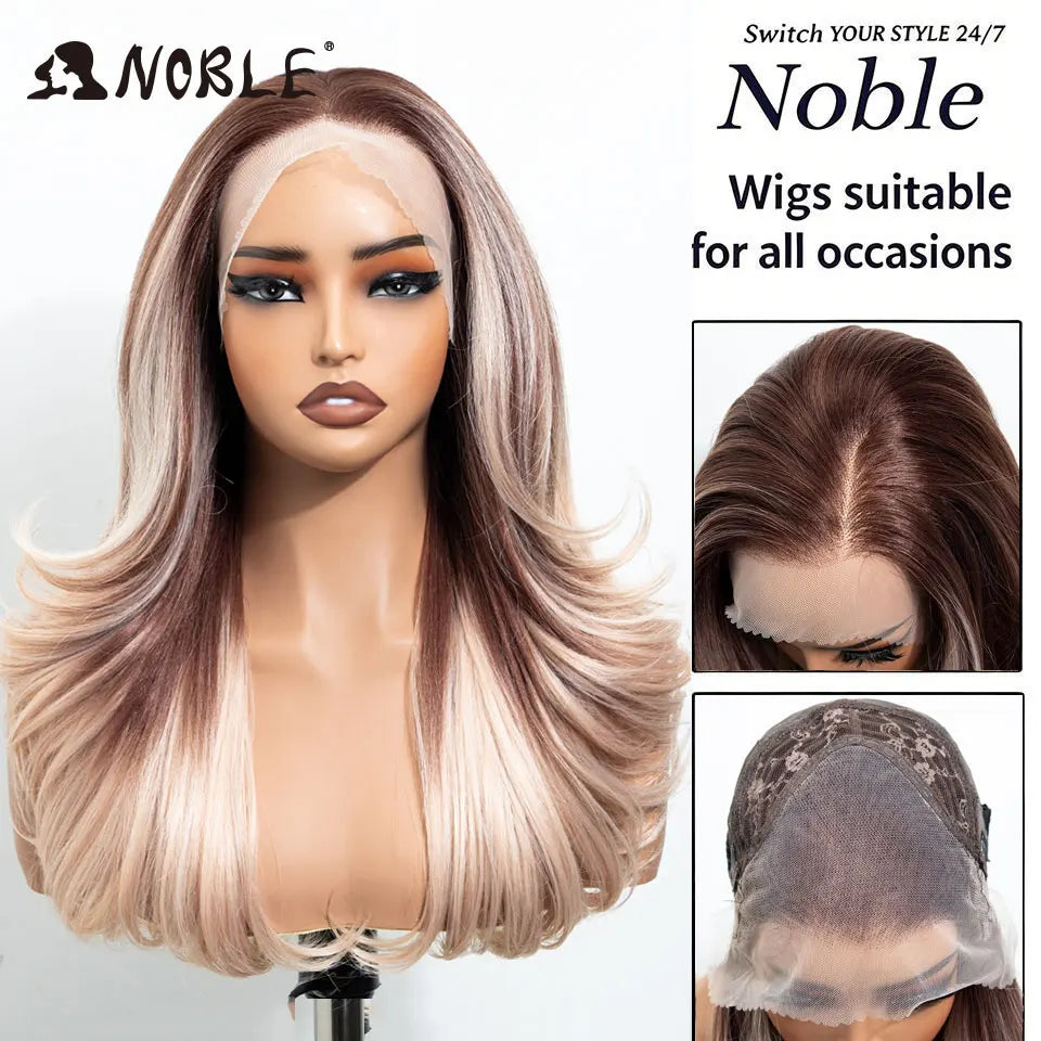 NOBLE 13x4 Synthetic Lace Front Wig 30 Inch Dark Brown Layered Fluffy Wavy Wig Pre Plucked Hairline Heat Resistant Wig For Wome