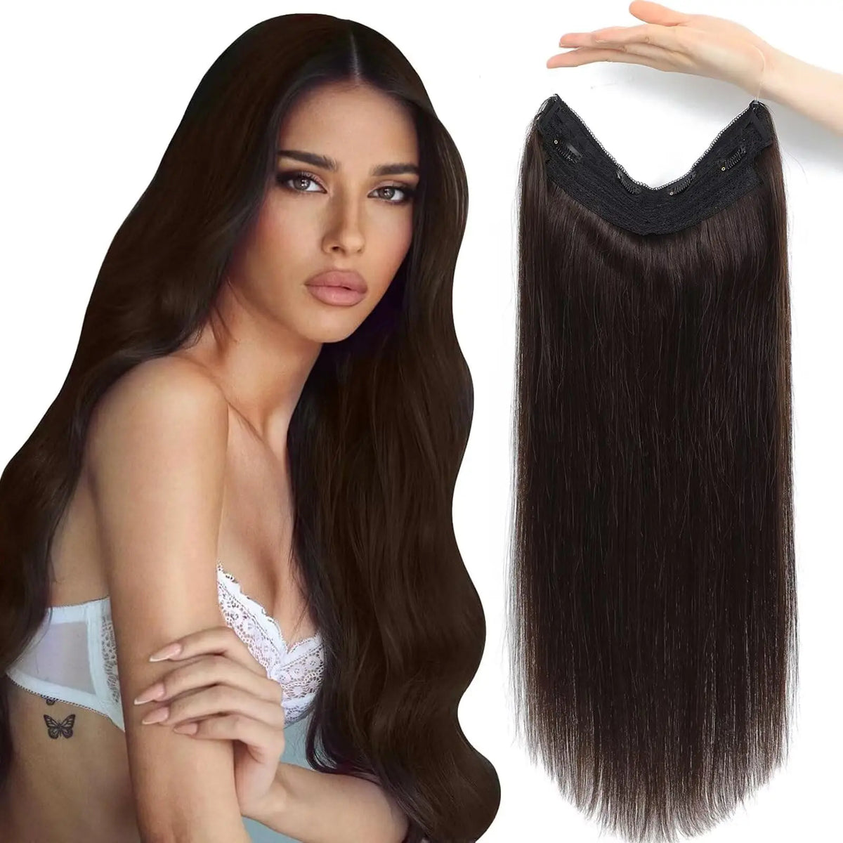 Dark brown human hair halo extensions with adjustable invisible wire and clips-in design by HSF Marketplace
