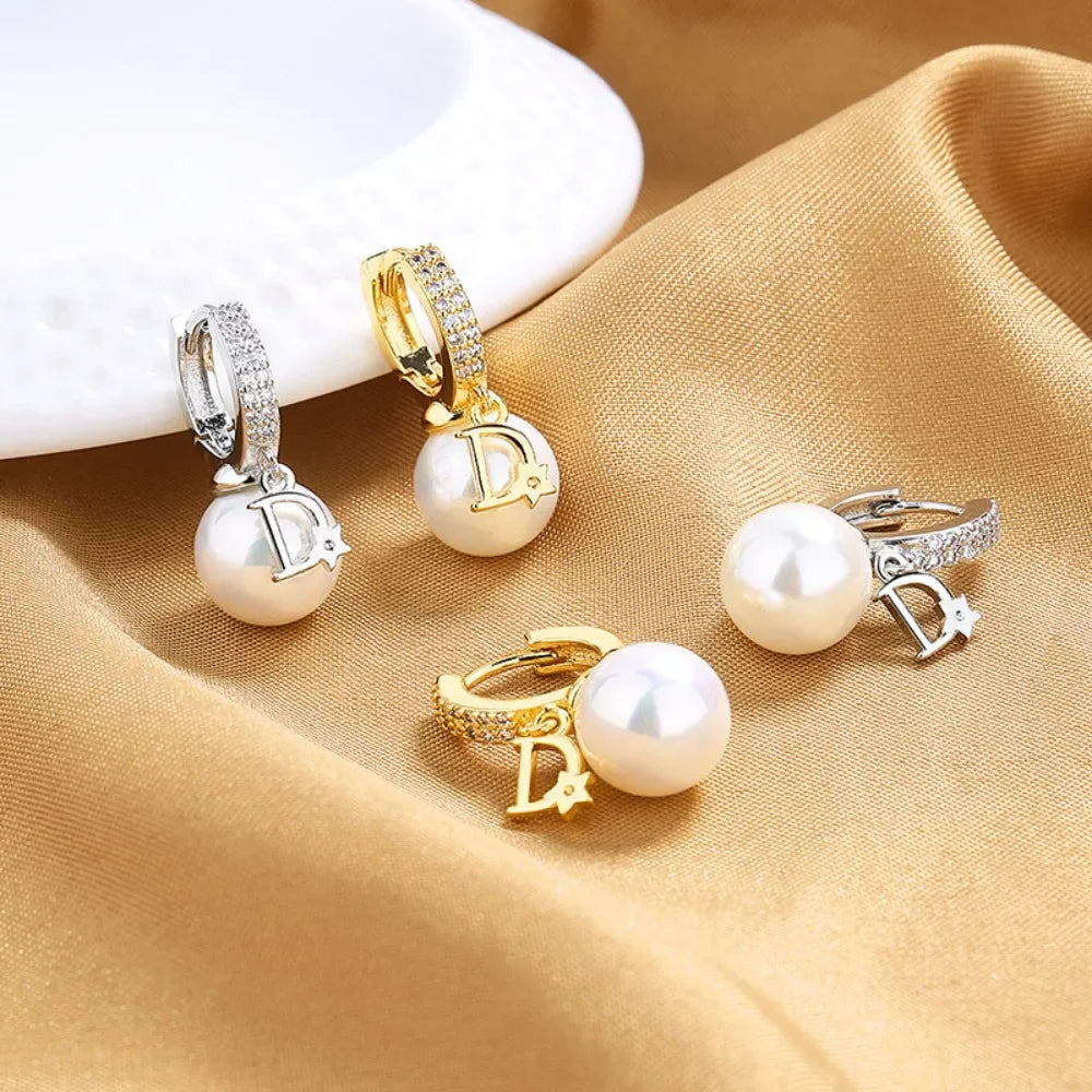 Stainless steel dangle earrings with pearl and zircon accents for women by HSF Marketplace