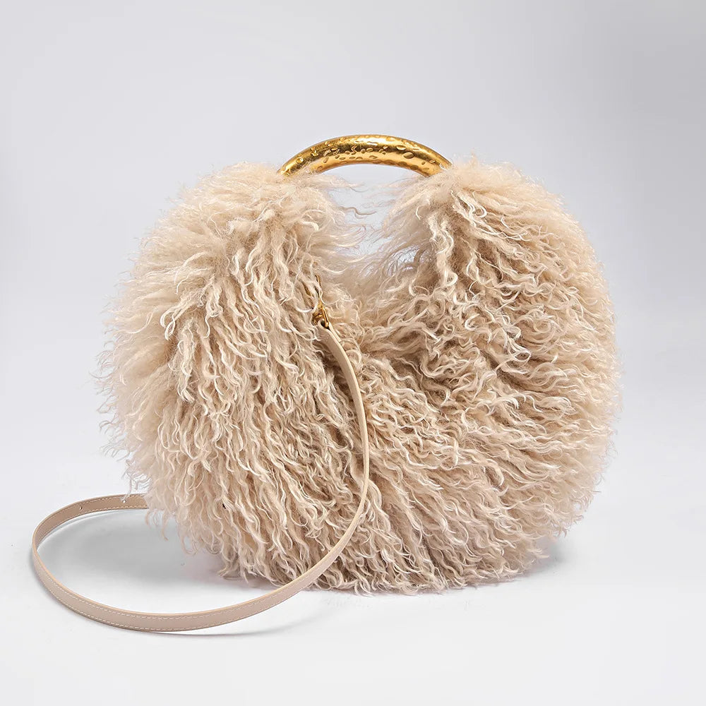Spice Girl solid color plush women's shoulder bag with an elegant handle, casual furry ladies messenger bag for versatile style.