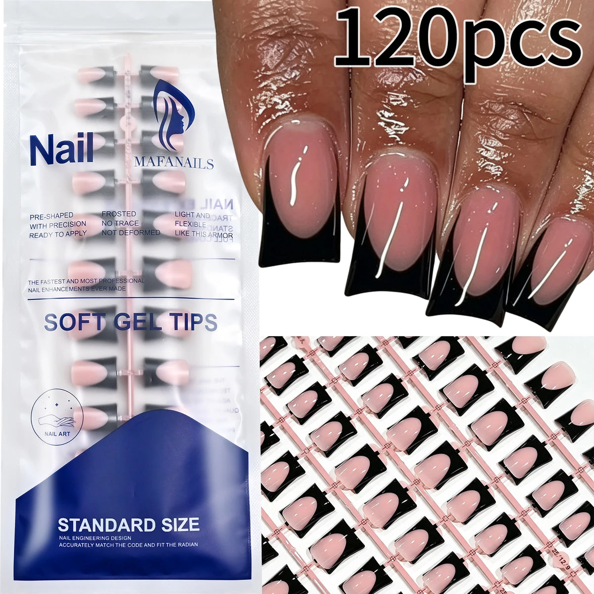 120-piece medium-long square acrylic French press-on false nails in mixed sizes by HSF Marketplace