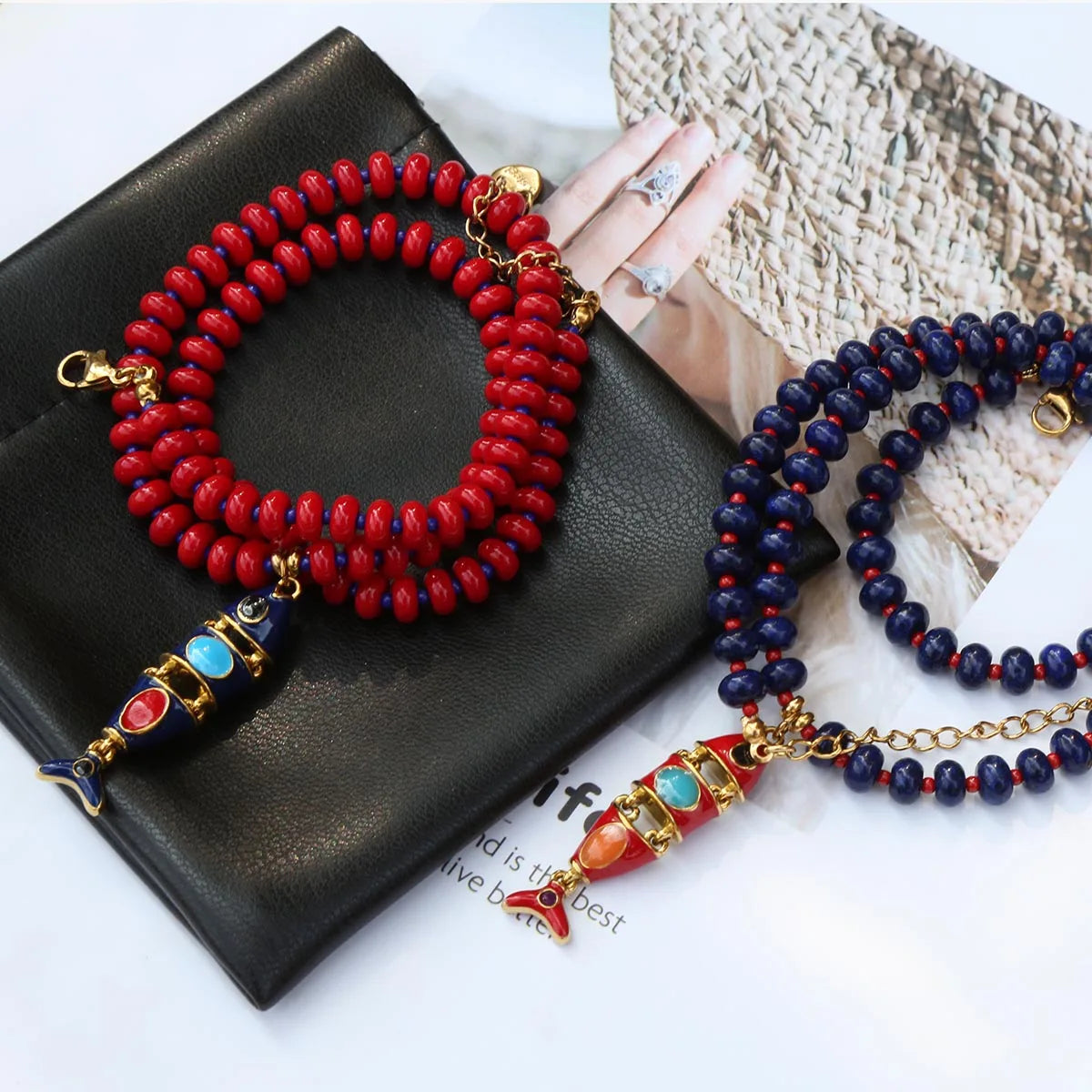 Red and blue beaded necklace with natural stones, stainless steel fish pendant, multi-layered jewelry by HSF Marketplace