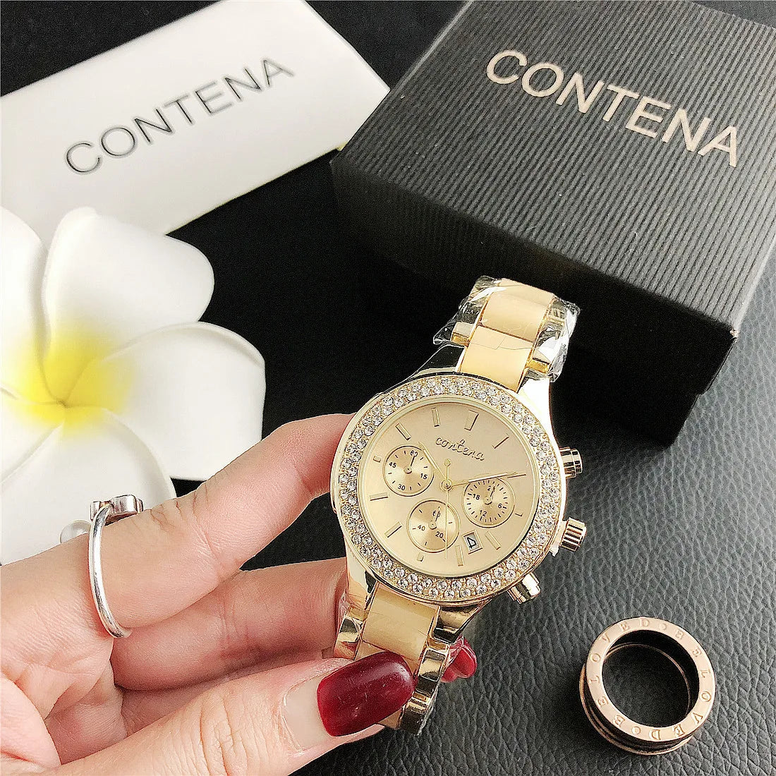 Contena Brand Luxury Women's Watch Fashion Rhinestones Stainless Steel Quartz Watch Simple Elegant Ladies Watch Reloj Mujer