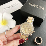 Contena Brand Luxury Women's Watch Fashion Rhinestones Stainless Steel Quartz Watch Simple Elegant Ladies Watch Reloj Mujer