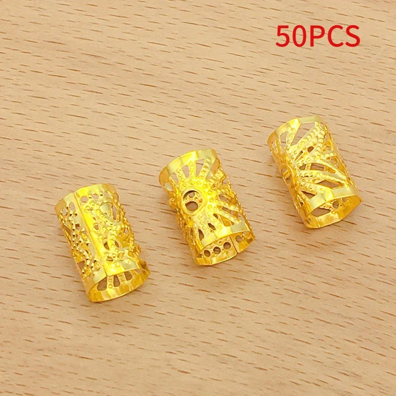 Golden hair cuffs for dreadlocks and braids, 50/100-piece set for hair styling