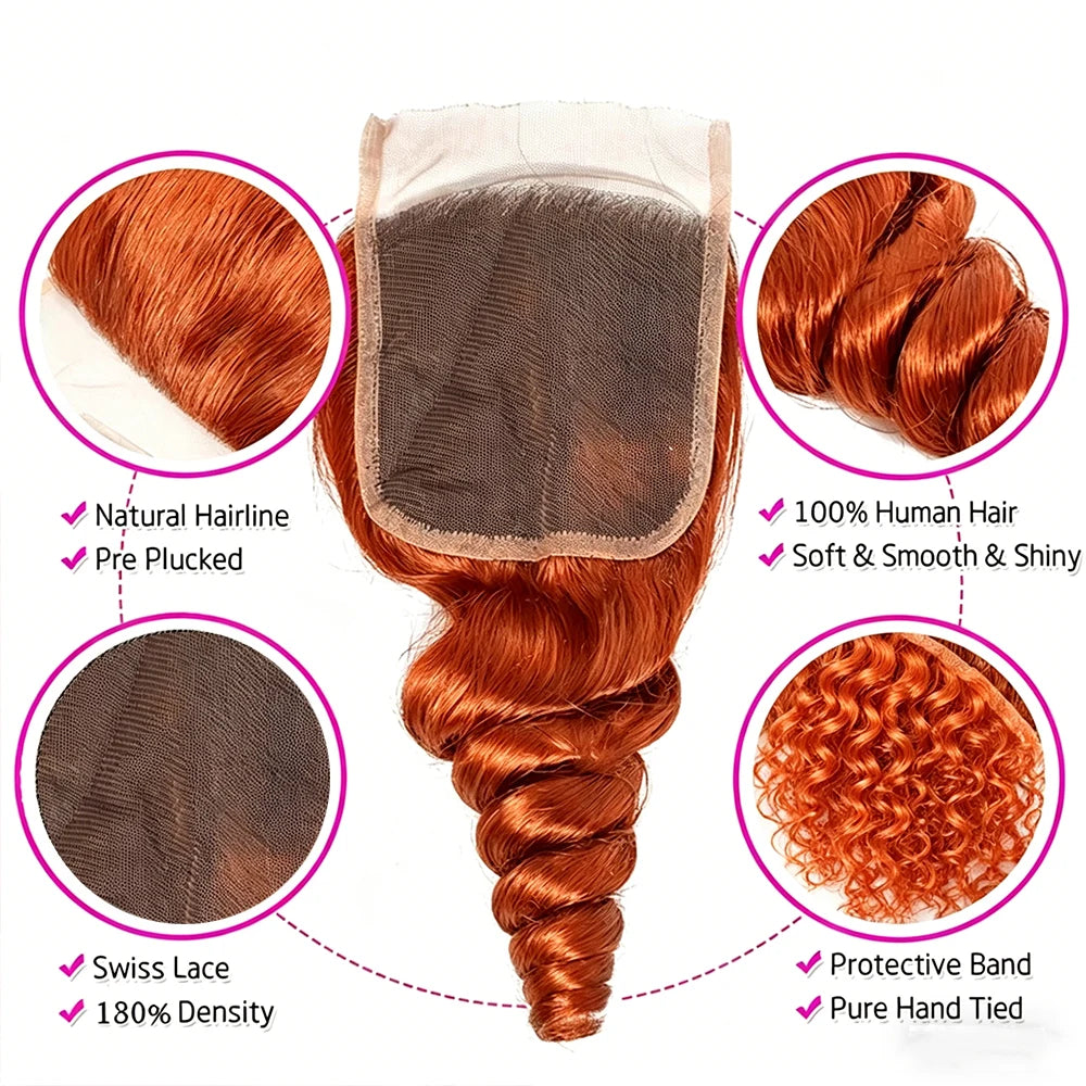 350 Ginger Loose Wave Human Hair Bundles With 4x4 5x5 6x6 HD Transparent Lace Closure Frontal HD Raw Virgin Hair Bundle Hair Ext
