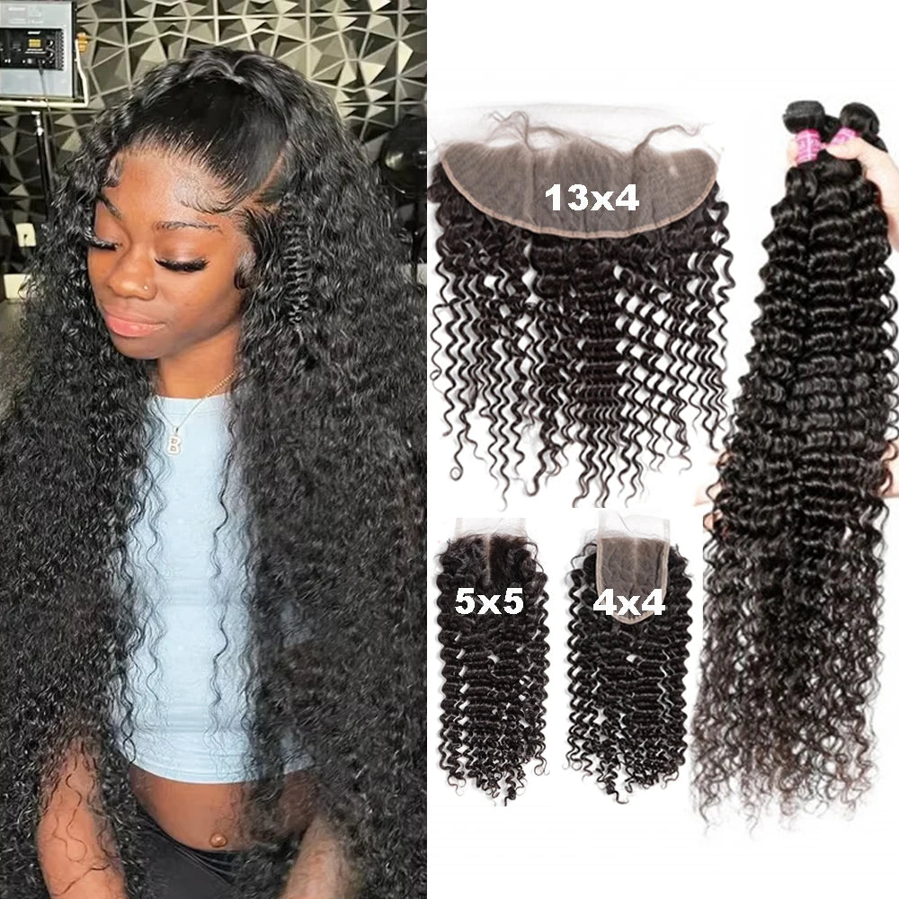 4x4 5x5 13x4 Closure With Bundles Deep Wave Brazilian Human Hair 3 4 Bundle With Frontal HD Lace Invisible Melt Skin Curly Weave