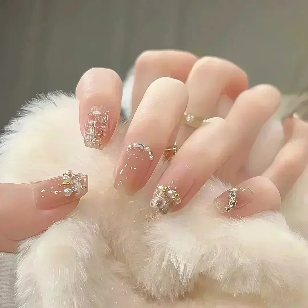 24-piece glitter diamond blush pink cat eye press-on false nails with sweet coffin-shaped full-cover tips