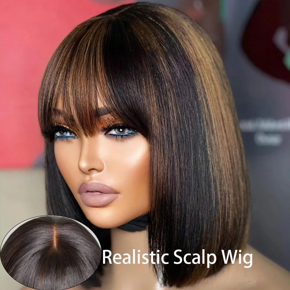 Rebecca human hair wig for women featuring a straight bob style with ombre blonde and brown colors, lace part, and realistic look.
