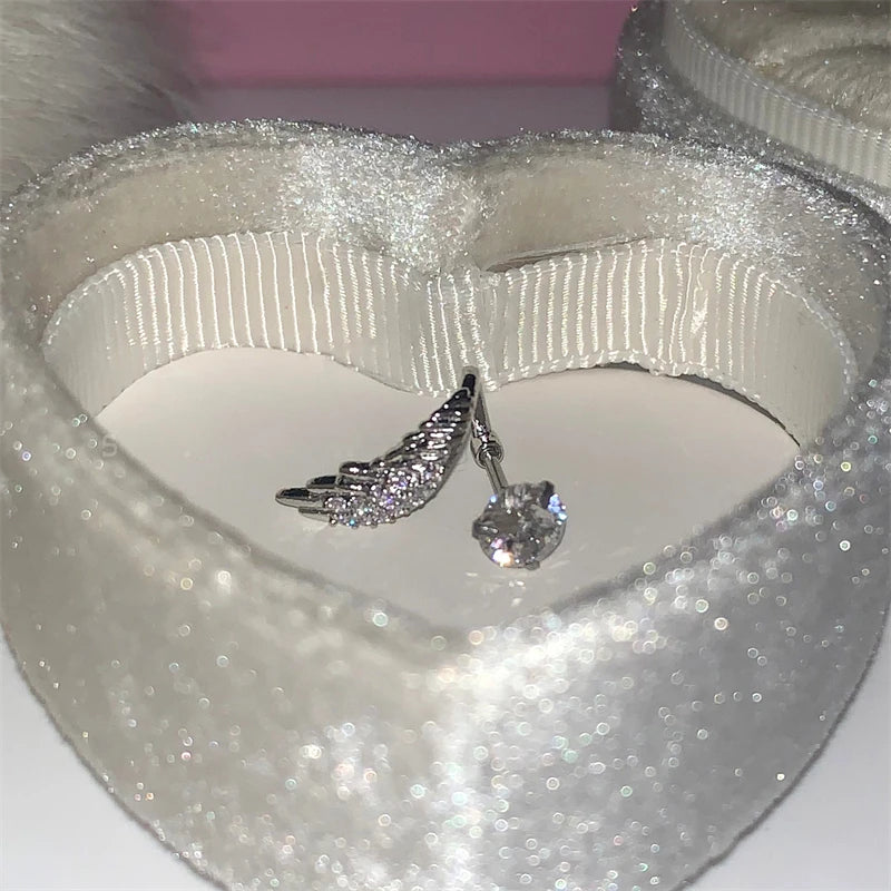 Silver wing 316L stainless steel ear bone nail with rhinestones for women by HSF Marketplace