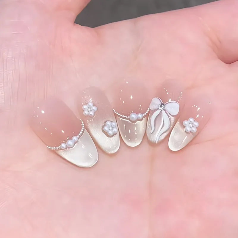 24-piece pink flower almond press-on false nails, kawaii stick-on nail tips by HSF Marketplace