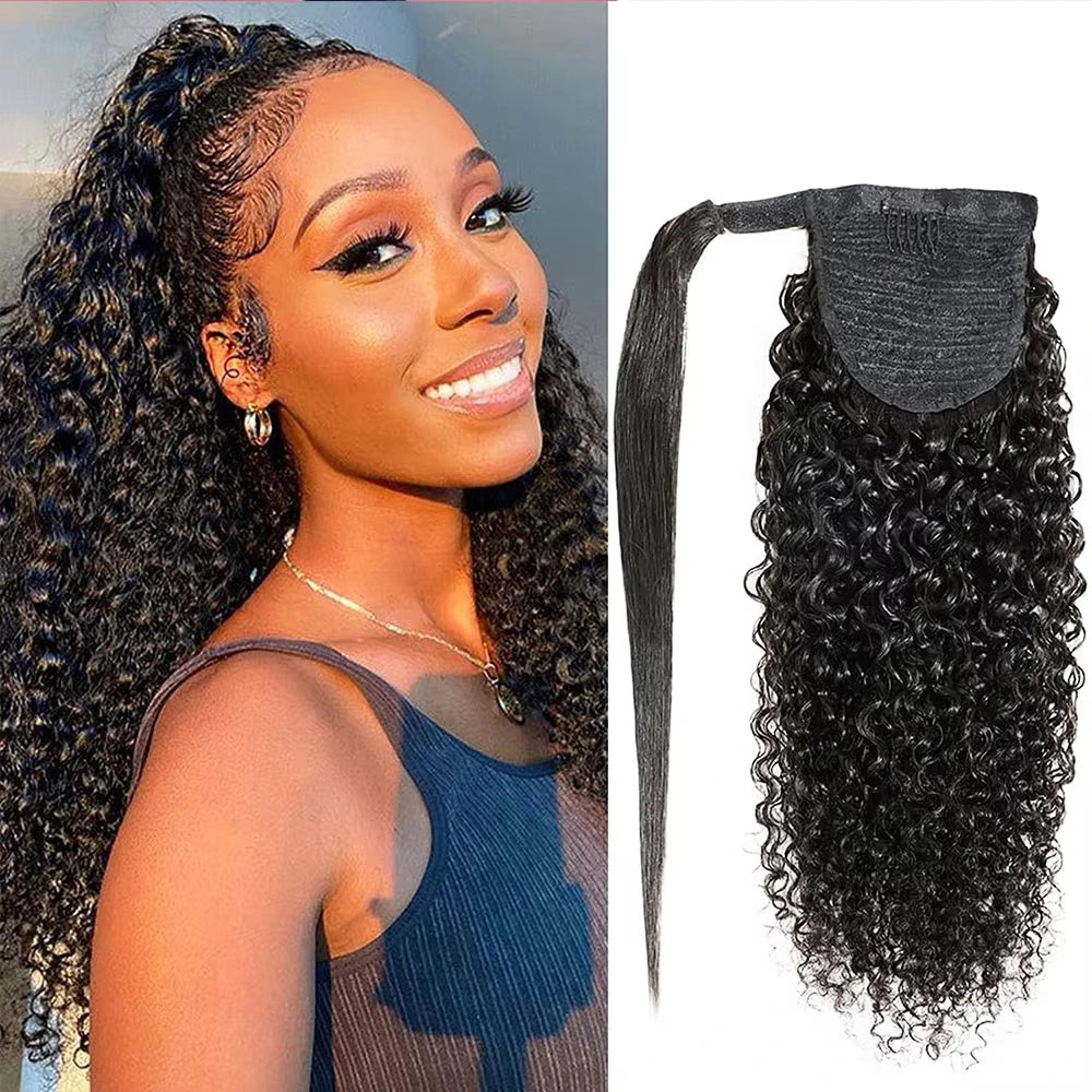 Kinky straight Remy Brazilian human hair wrap-around clip-in ponytail in natural color by HSF Marketplace