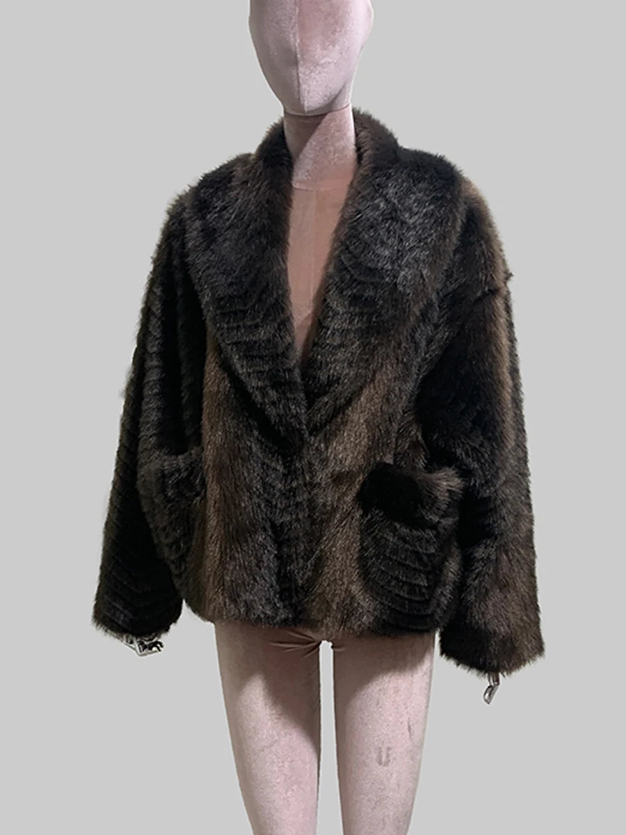 Women's dark brown gradient faux mink fur coat with oversized fit, shawl collar, sash, and fluffy texture
