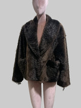 Women's dark brown gradient faux mink fur coat with oversized fit, shawl collar, sash, and fluffy texture