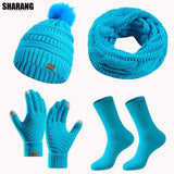 Women's and girls' warm winter hat, scarf, and gloves set in coordinated cold-weather style