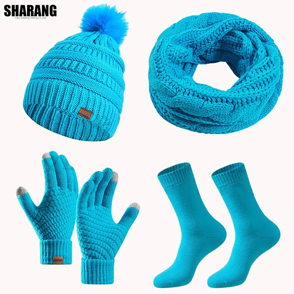 Women's and girls' warm winter hat, scarf, and gloves set in coordinated cold-weather style