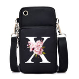 Sakura alphabet floral design small crossbody bag for women, featuring colorful letters, mobile phone pocket, and stylish messenger style.