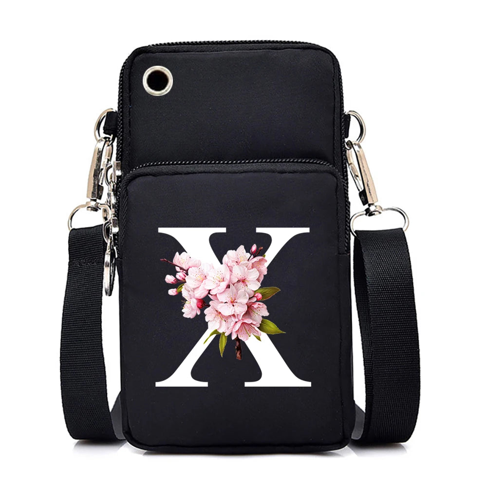 Sakura alphabet floral design small crossbody bag for women, featuring colorful letters, mobile phone pocket, and stylish messenger style.