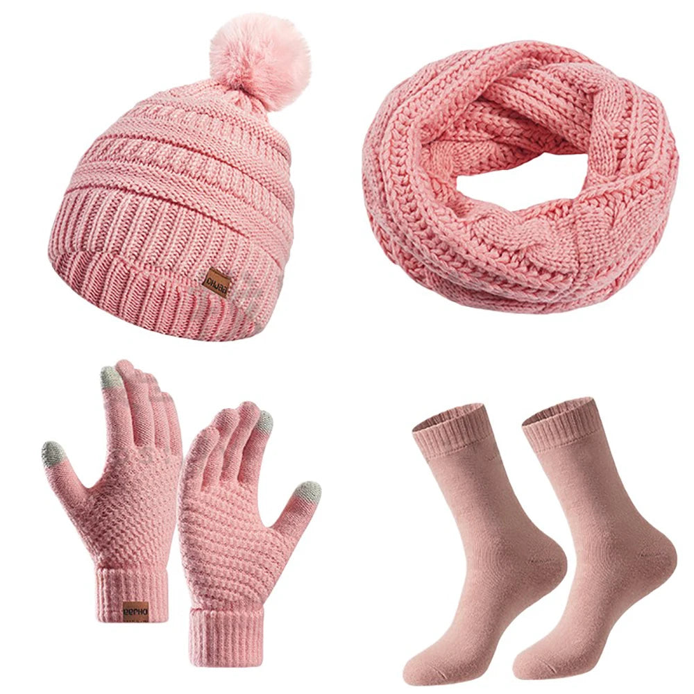 Women's winter hat, scarf, and gloves set with faux fur ball by HSF Marketplace
