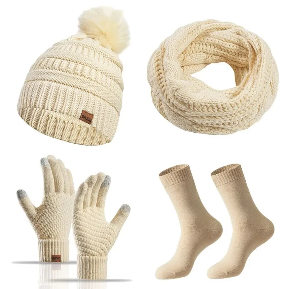 Women’s winter hat, scarf and gloves set with faux fur ball by HSF Marketplace