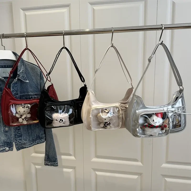 Transparent Y2K Harajuku shoulder bag with crossbody strap, Korean-inspired design, featuring a playful, clear handbag style.