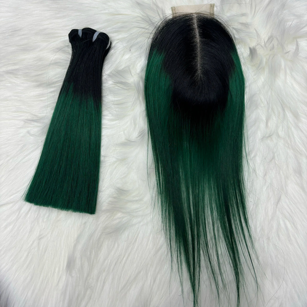 Two 6-inch lace closures and colored Vietnamese human hair bundles in ombre shades, double drawn Remy extensions by HSF Marketplace.