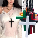Black and white gothic wood cross pendant necklace with choker style, featuring a Y2K hip hop-inspired design.