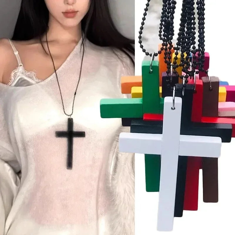 Black and white gothic wood cross pendant necklace with choker style, featuring a Y2K hip hop-inspired design.