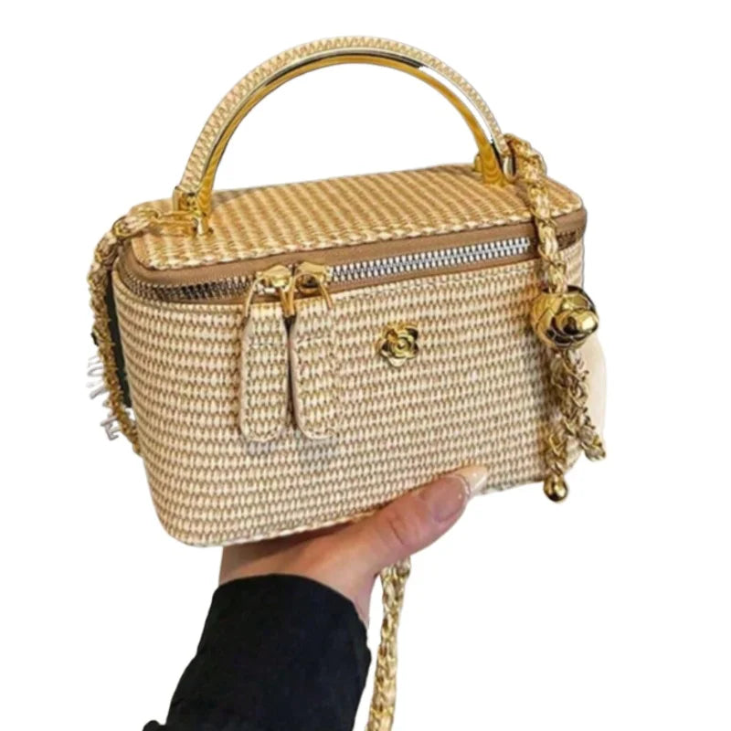 Minimalist woven straw lunch box bag with chain strap by HSF Marketplace