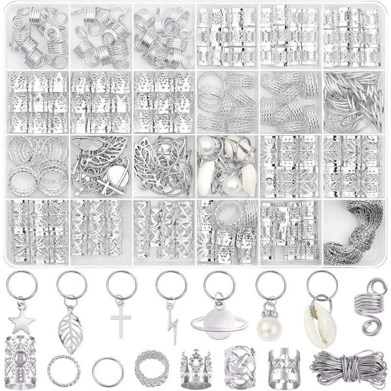 259pcs DIY Braid Jewelry Accessories Silvery Gold Metal Hair Braiding Rings Hip-Hop Punk Style Hollow-Out Dreadlock Beads for Wo