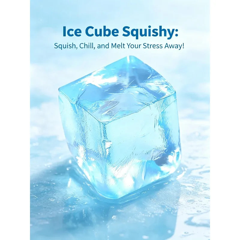 Transparent ice cube squishy toy with jelly TPR texture, stress relief sensory fidget for teens and adults.