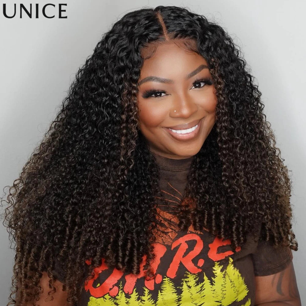 Ombre brown curly human hair lace wig with defined finger coils, HSF Marketplace