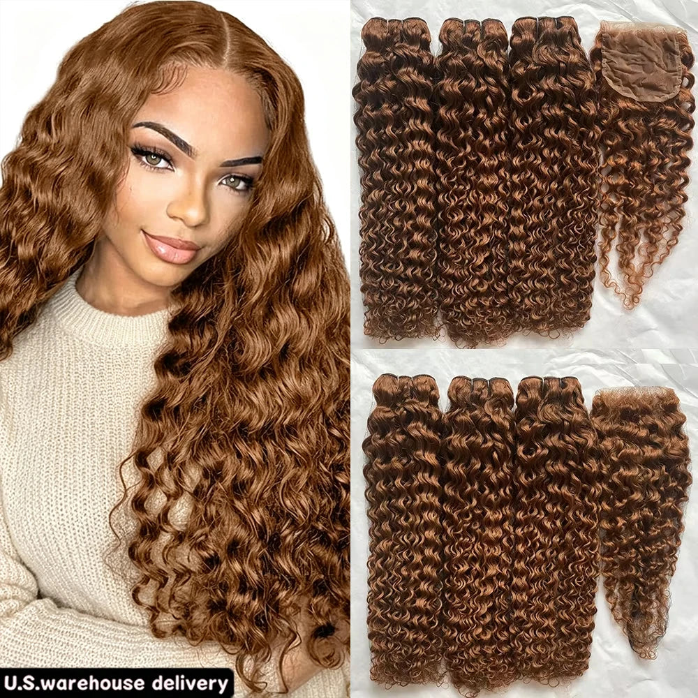 Chocolate brown human hair bundles with HD transparent lace closure, featuring deep curly, wet and wavy water wave texture.