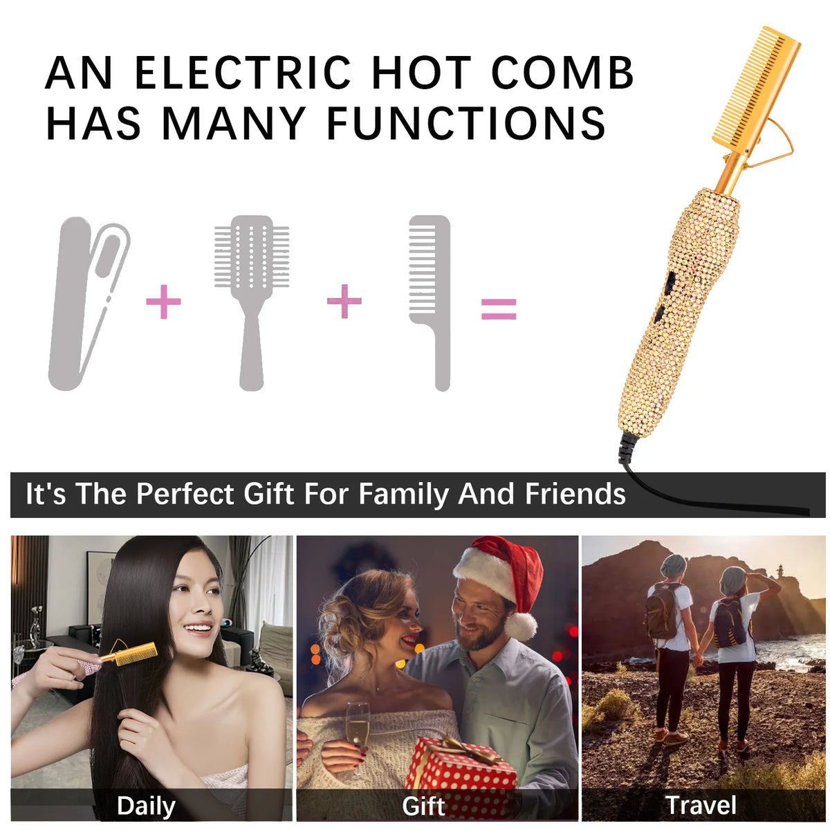 400℉ Hot Comb for Wigs & Human Hair, 2 in 1 Hair Straightener & Curler Bling Hot Hair Comb for Travel, Daily Use, Salon Grade