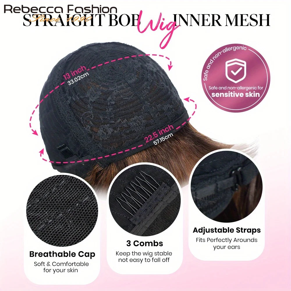 Rebecca ombre brown straight short bob human hair wig with bangs, full machine-made wig by HSF Marketplace.