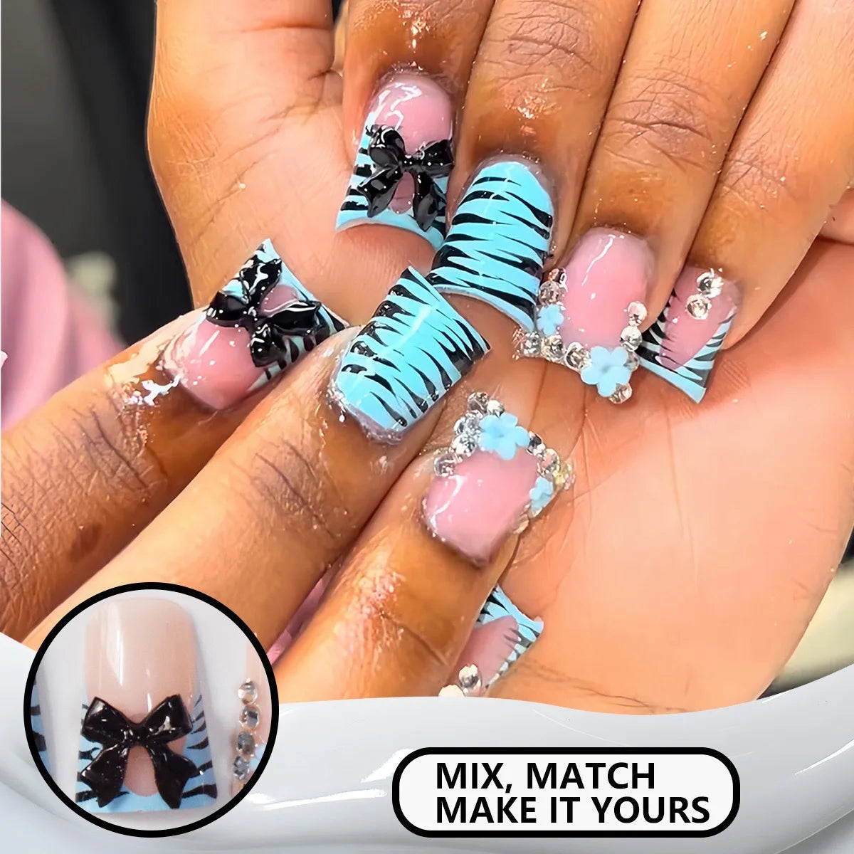 HSF Marketplace short nude pink duckbill press-on nails with leopard French tips, 3D bowknots, butterflies and cherries