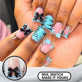 HSF Marketplace short nude pink duckbill press-on nails with leopard French tips, 3D bowknots, butterflies and cherries