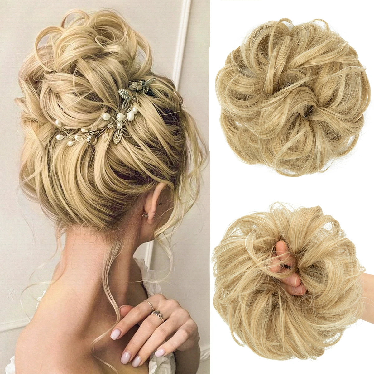 Synthetic messy curly hair bun extension scrunchie for women, elastic chignon donut updo hairpiece