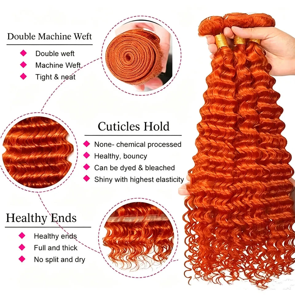 #350 Ginger Color Deep Wave Human Hair Bundles with Closure And Frontal 20A Brazilian Virgin 3/4 Bundles with 4x4 Lace Closure