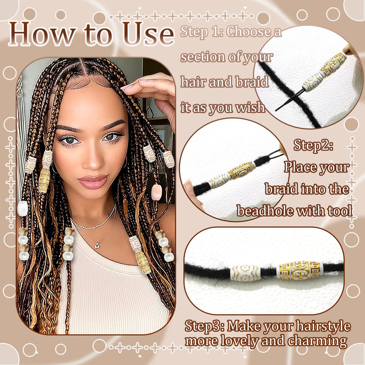 60-piece vintage barrel hair beads set for stylish hair cuffs by HSF Marketplace