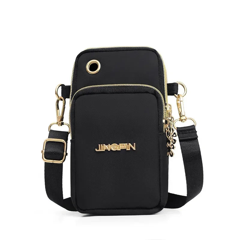 Women's HSF Marketplace mobile phone crossbody bag with 3 layers, mini coin purse, shoulder strap, and fashionable design.